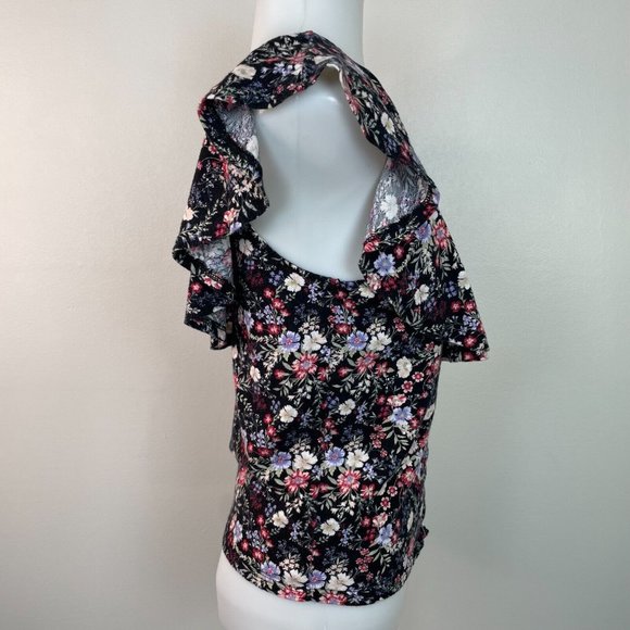 American Eagle Crop Top Small Black Floral Flutter Sleeve Cotton Casual Women's - Picture 6 of 11